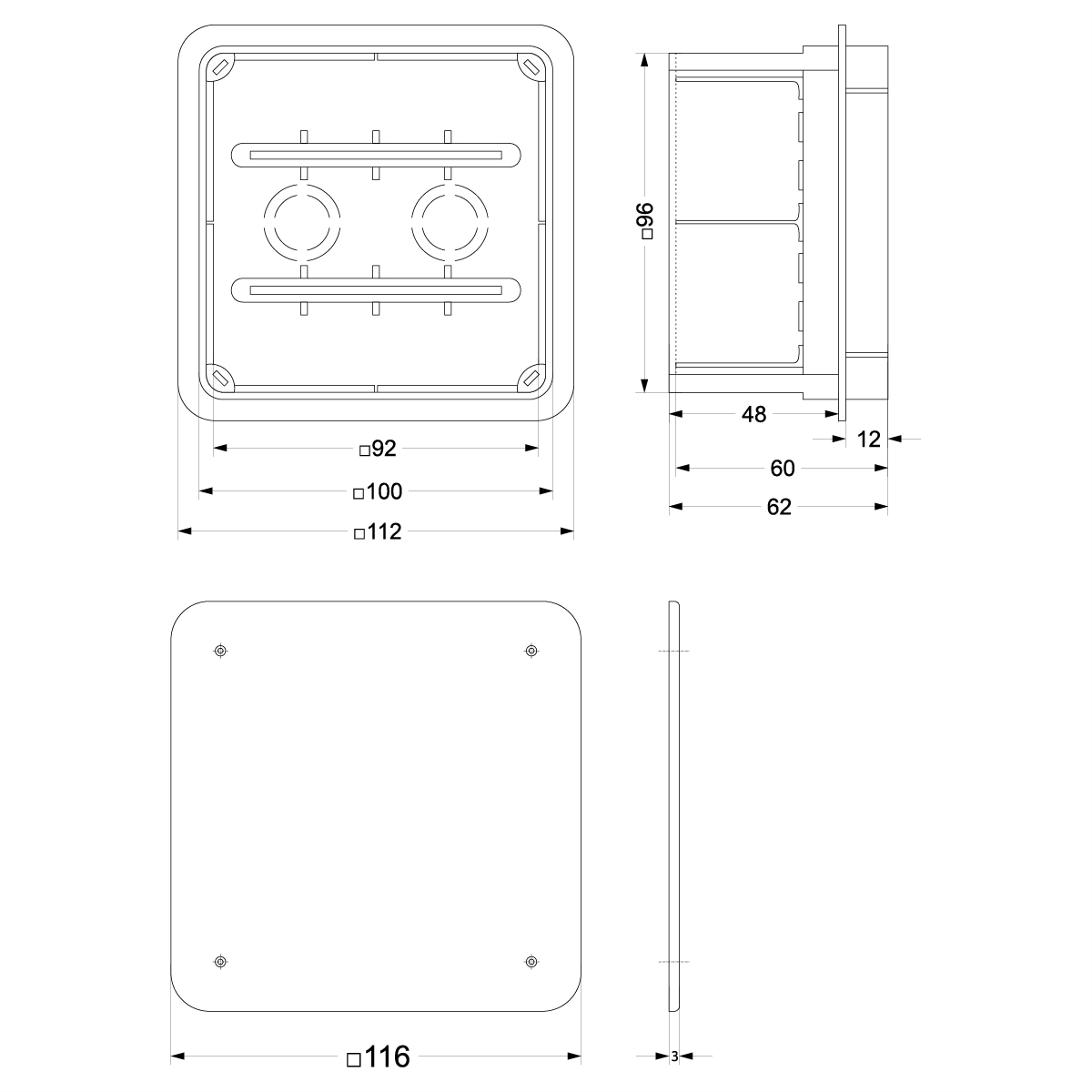 Flush junction boxes Pp/t 3 (96 x 96 x 60,5) Flush junction boxes Pp/t 3 (96 x 96 x 60,5),elektro-plast