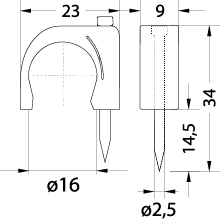 Cable clip with nail FLOP-16 UV, round cable ⌀16mm, black, nail: 2.5x34mm