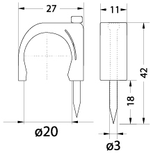 Cable clip with nail FLOP-20 UV, round cable ⌀20mm, black, nail: 3.0x42mm