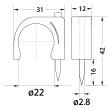 Cable clip with nail FLOP-22 UV, round cable ⌀22mm, black, nail: 2.8x42mm