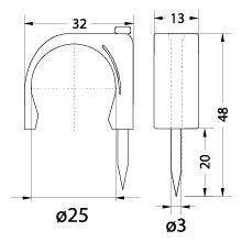 Cable clip with nail FLOP-25 UV, round cable ⌀25mm, black, nail: 3.0x48mm