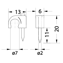 Cable clip with nail FLOP-7 UV, round cable ⌀7mm, black, nail: 2x20mm