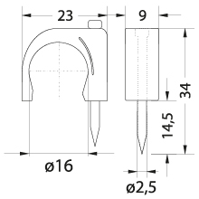 Cable Clip with nail - FLOP-16, rounded cable ⌀16mm, white, nail: 2.5x34mm