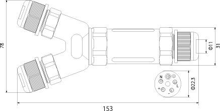 Cable Connector Tee SPNTY 525 5x2.5, 250V, 16A, IP68
