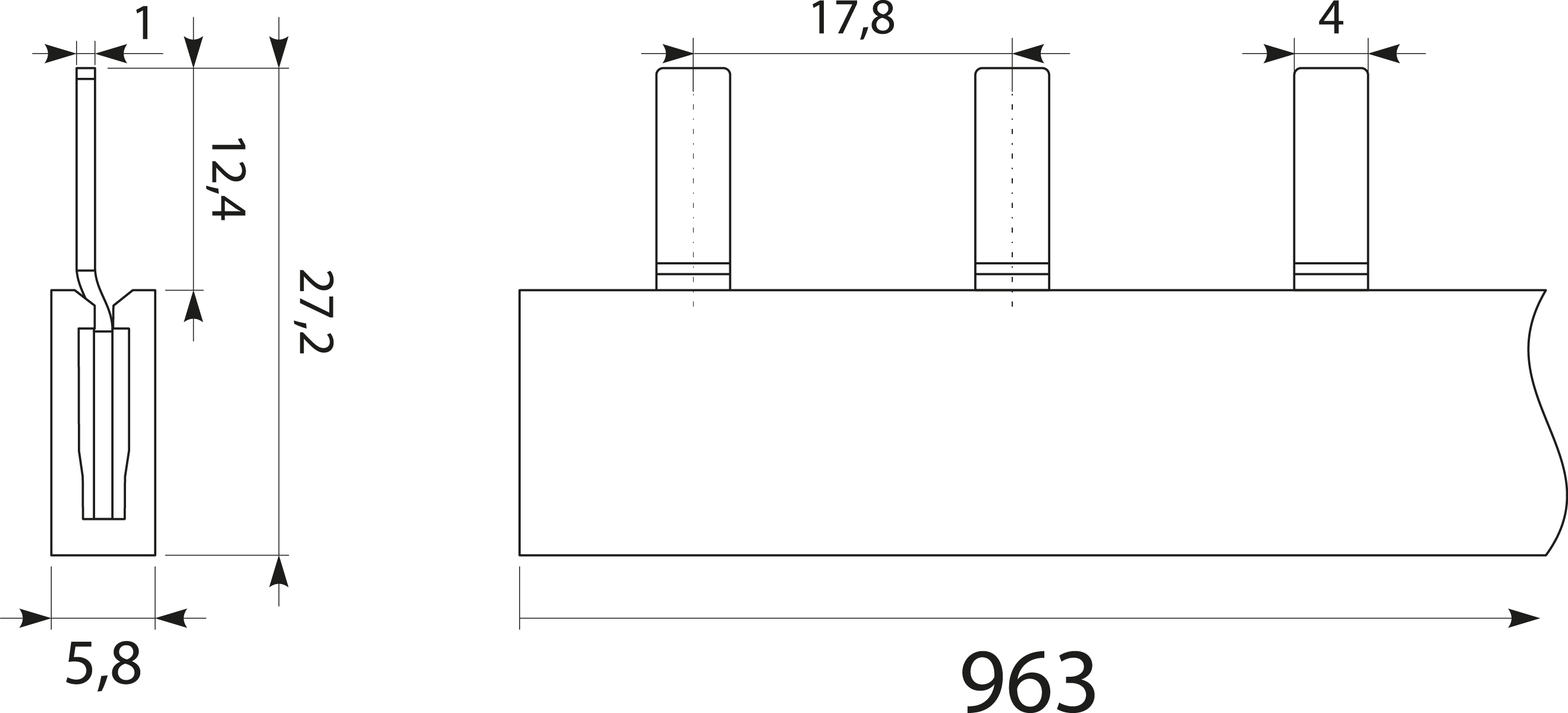 Szyna prądowa S54 1F-10SZ, typ-PIN, 63A Szyna prądowa S54 1F-10SZ, typ-PIN, 63A,elektro-plast