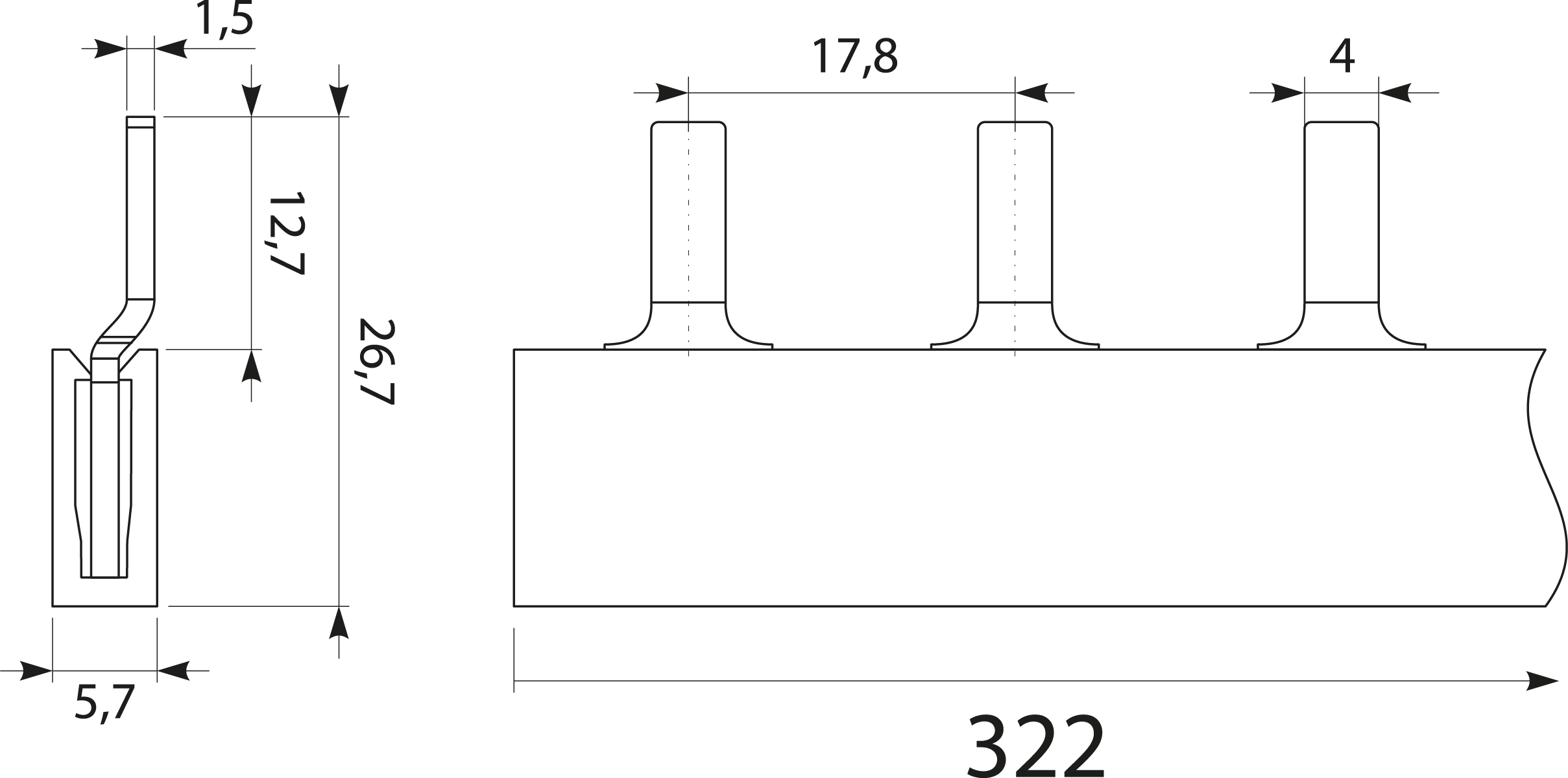 Szyna prądowa S18 1F-16SZ, typ-PIN, 100A Szyna prądowa S18 1F-16SZ, typ-PIN, 100A,elektro-plast