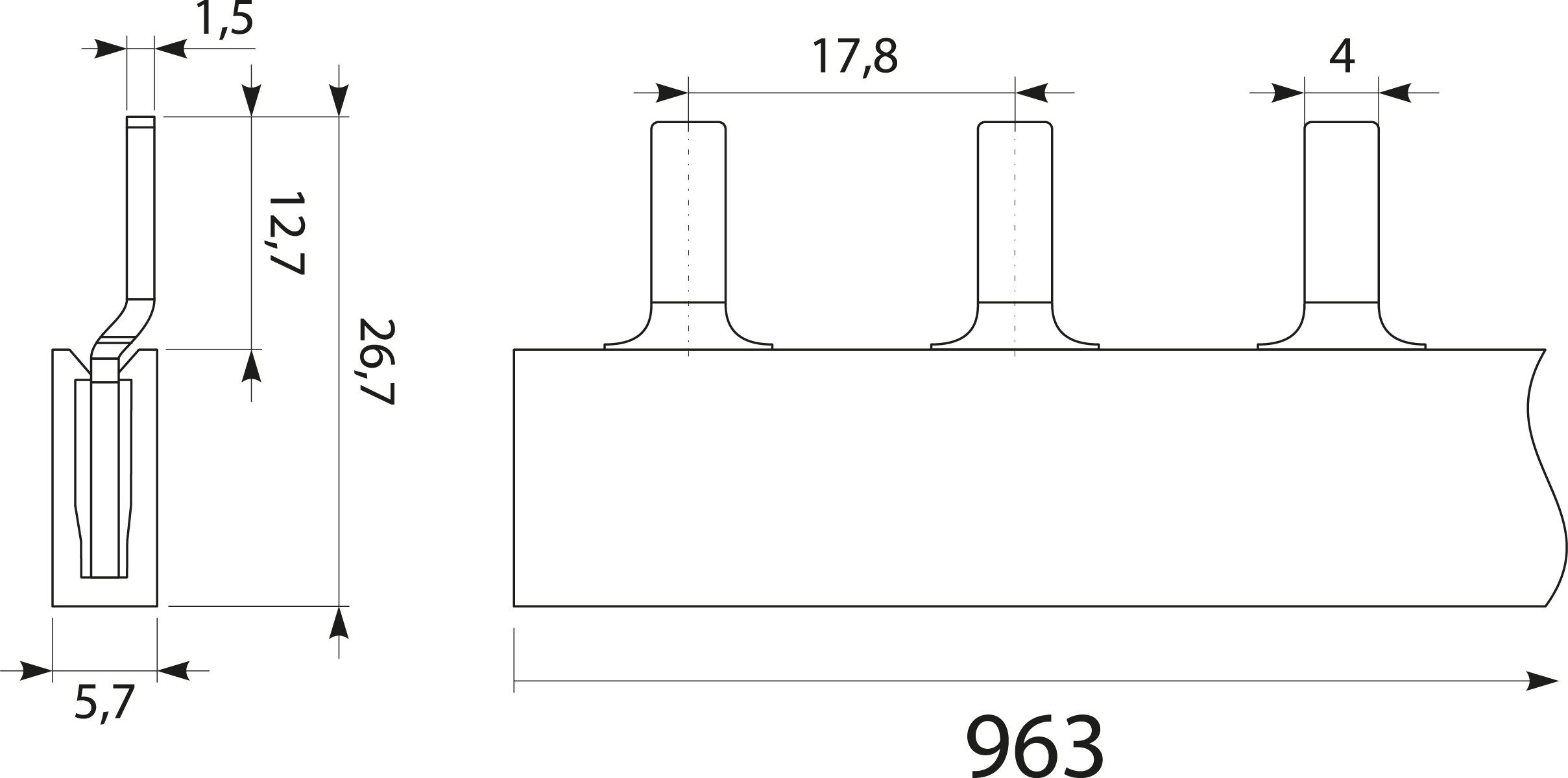 Szyna prądowa S54 1F-16SZ, typ-PIN, 100A Szyna prądowa S54 1F-16SZ, typ-PIN, 100A,elektro-plast
