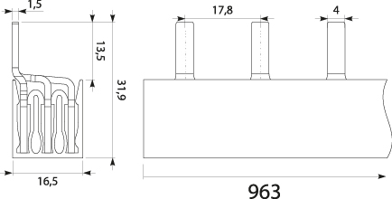 Szyna prądowa S54 3F-16SZ, typ-PIN, 100A