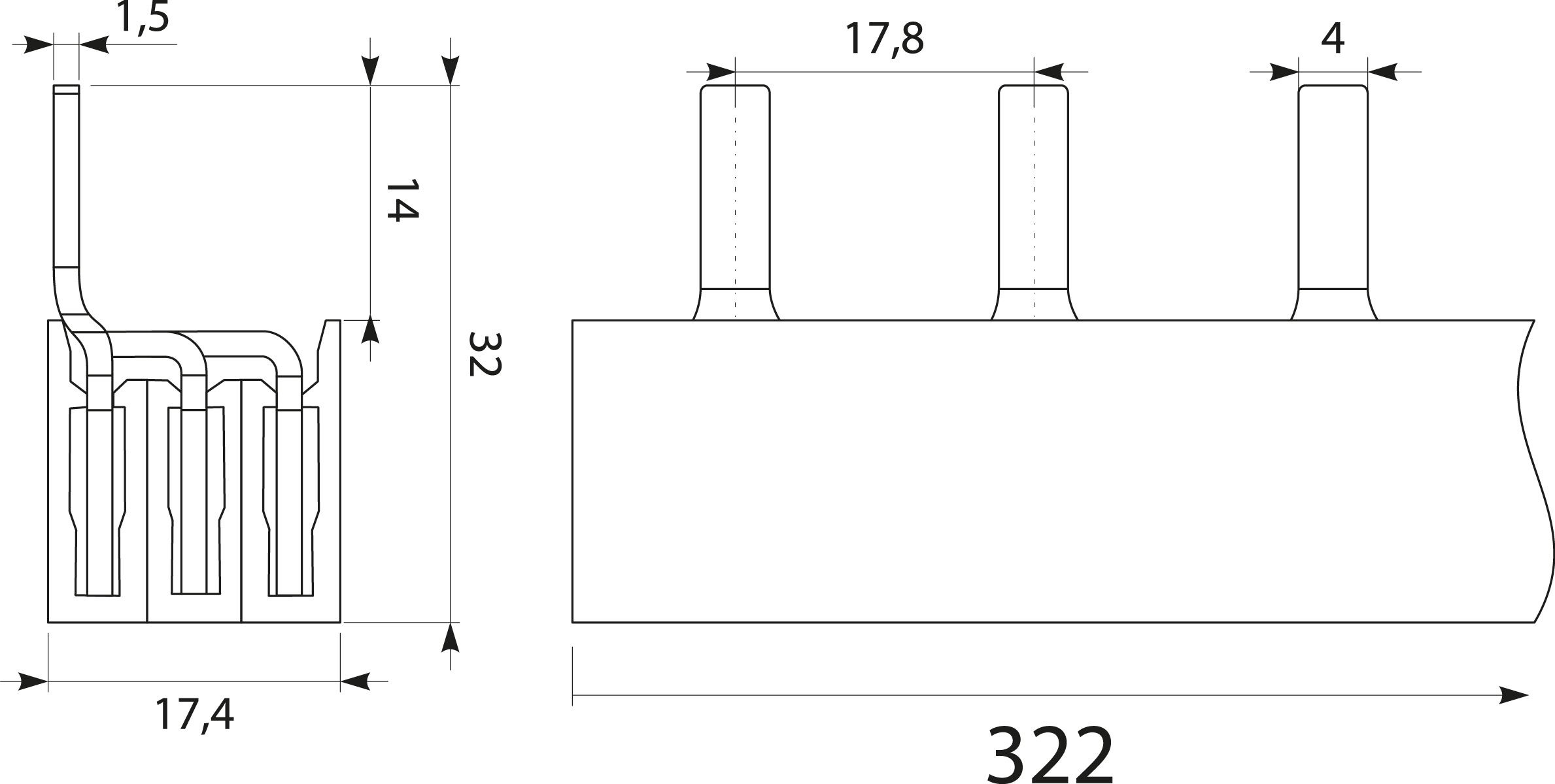 Szyna prądowa S18 3F-16SZ/D, typ-PIN, 100A Szyna prądowa S18 3F-16SZ/D, typ-PIN, 100A,elektro-plast