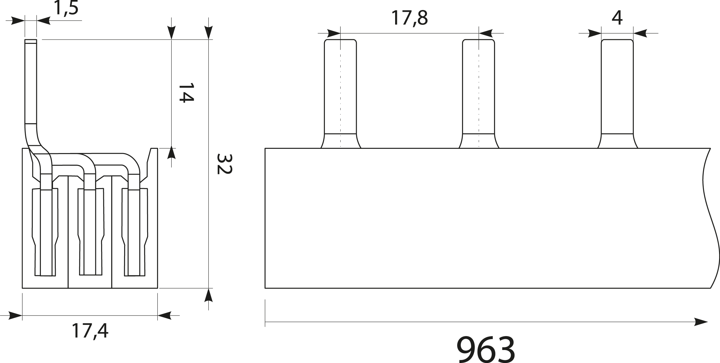 Szyna prądowa S54 3F-16SZ/D, typ-PIN, 100A Szyna prądowa S54 3F-16SZ/D, typ-PIN, 100A,elektro-plast