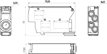 Distribution block SDB-70/CZA, 192A, 240/415V, 6kV, TH35, 5(4+1), color: black