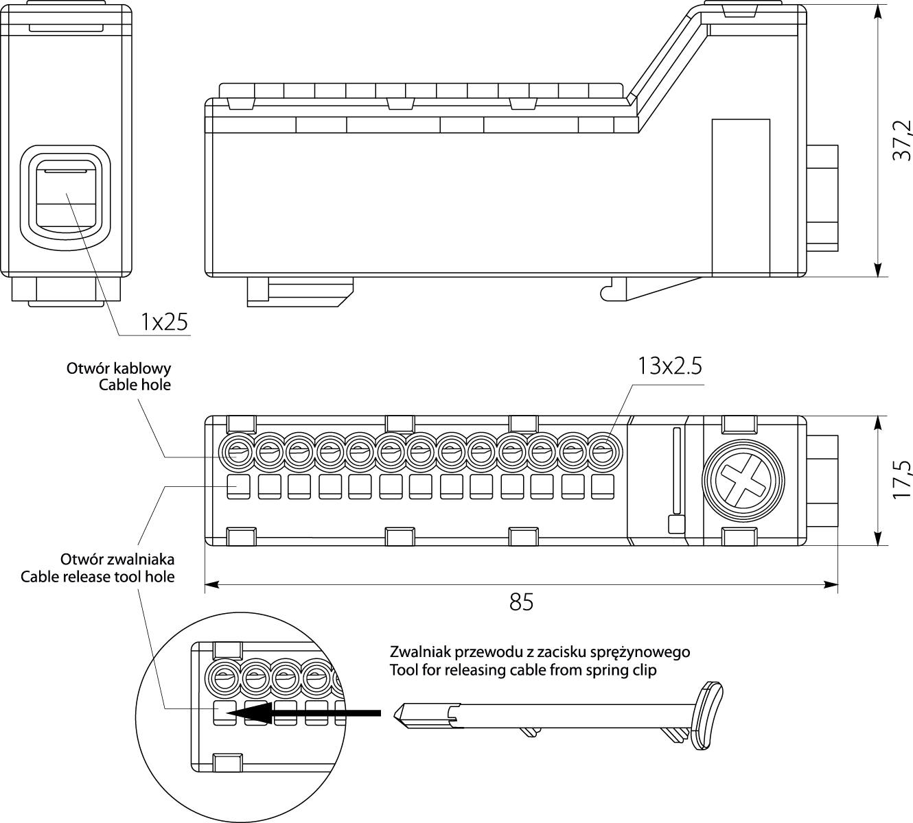 Threadless terminal block TLC14SZ 1.5-2.5/25 63A 690V, color: gray Threadless terminal block TLC14SZ 1.5-2.5/25 63A 690V, color: gray,elektro-plast